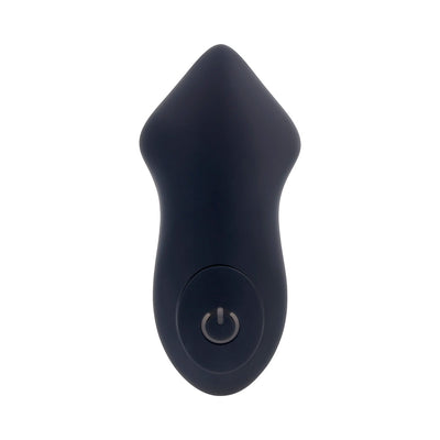 Black silicone remote-controlled personal vibrator with power button on front, compact and smooth design.