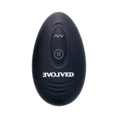 Black oval-shaped remote control with Evolved logo and two buttons for vibration settings.