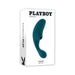 Playboy Charmer Deep Teal dual vibrator with clitoral suction and curved shaft shown on white packaging box