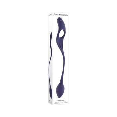 Zero Tolerance Tip To Tail Purple flexible silicone toy with vibrating plug and ring, shown in packaging.