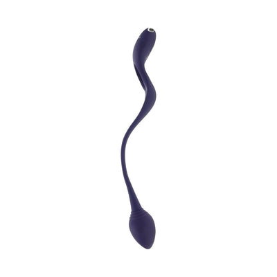 Flexible purple dual-ended vibrator with curved design and control buttons on each end against white background.