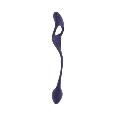 Purple flexible dual-ended toy with vibrating plug and ring, sleek silicone design, USB rechargeable and waterproof.