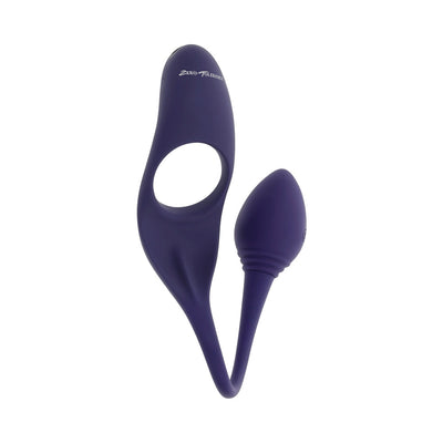 Purple dual-ended vibrating silicone toy with a ring and flexible tail, designed for versatile intimate use.