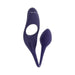 Purple dual-ended vibrating silicone toy with a ring and flexible tail, designed for versatile intimate use.