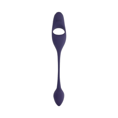 Purple flexible dual-ended silicone toy with vibrating plug and ring, featuring a long slender tail.