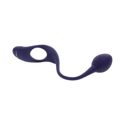 Purple flexible silicone dual vibrator with a ring and bulb-shaped ends, USB rechargeable and waterproof design.