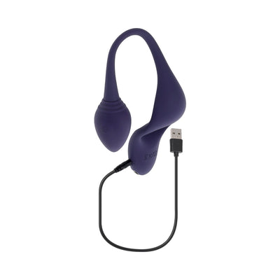 Purple flexible dual-motor vibrating toy with plug and ring, shown with USB charging cable.