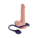 Dual-ended purple silicone vibrating ring with flexible tail attached to a realistic flesh-toned dildo with suction base.