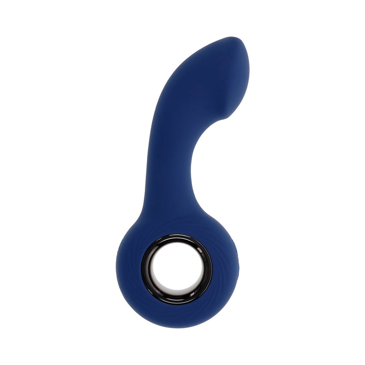 Blue silicone vibrating plug with curved shaft and ringed handle for easy grip and targeted stimulation.