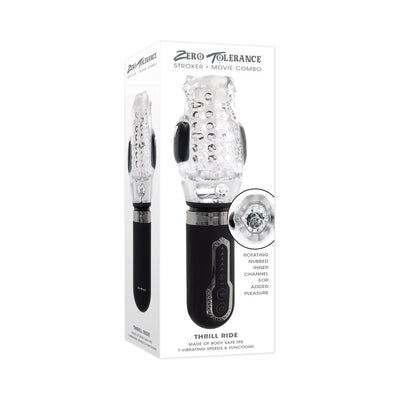 Zero Tolerance Thrill Ride black and clear stroker with rotating nubbed inner channel and ergonomic control panel shown in packaging.