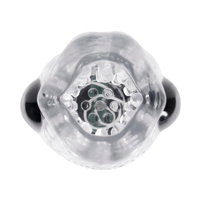 Top-down view of the Zero Tolerance Thrill Ride stroker showing the clear, textured mouth-shaped entry and black matte handle.