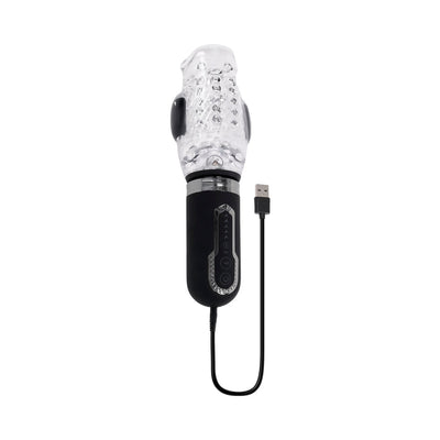 Zero Tolerance Thrill Ride black handle with clear textured sleeve and attached USB charging cable on white background.