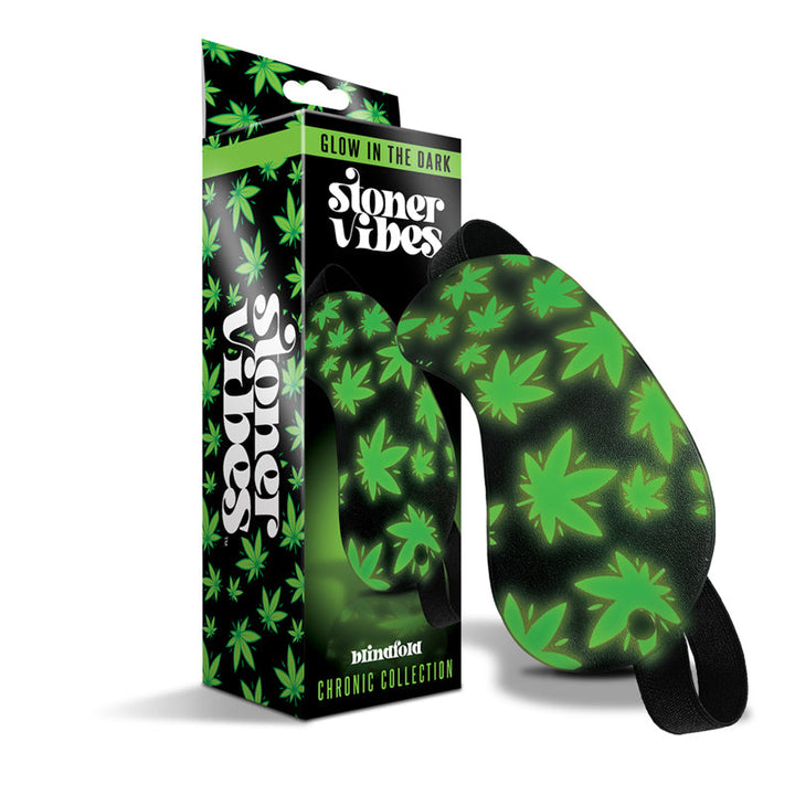 Glow in the dark black blindfold with green leaf pattern from Stoner Vibe Chronic Collection with adjustable strap and packaging.