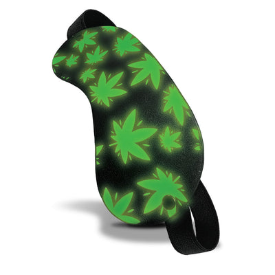 Glow in the dark black blindfold with green leaf pattern and adjustable black strap.