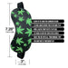 Glow in the dark black blindfold with green cannabis leaf design and elastic strap for bondage play, 7.28 by 3 inches.