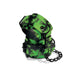 Green and black glow-in-the-dark wrist cuffs with cannabis leaf pattern and black metal chain and buckles.