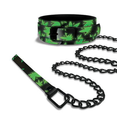 Glow-in-the-dark black collar and leash set with green cannabis leaf pattern and black metal chain hardware.