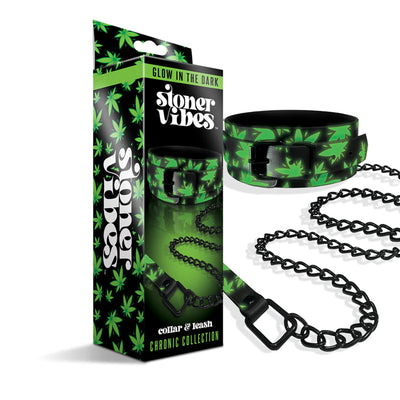 Glow-in-the-dark collar and leash set with green cannabis leaf design and black metal hardware from Stoner Vibes Chronic Collection.