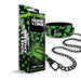 Glow-in-the-dark collar and leash set with green cannabis leaf design and black metal hardware from Stoner Vibes Chronic Collection.