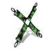 Glow-in-the-dark black faux leather hogtie with green cannabis leaf pattern and black metal clips in an X shape.