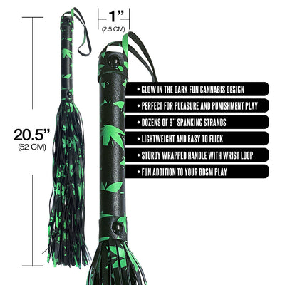 Glow in the dark flogger with green cannabis leaf design, 20.5 inches long, sturdy handle with wrist loop and multiple 9-inch strands.