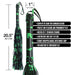 Glow in the dark flogger with green cannabis leaf design, 20.5 inches long, sturdy handle with wrist loop and multiple 9-inch strands.