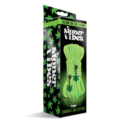 Glow in the dark neon green rope with cannabis leaf charms in black and green themed packaging.