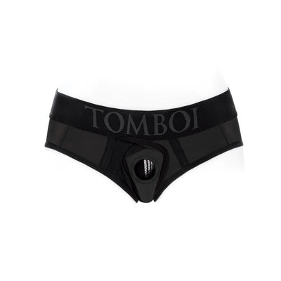 Black nylon brief style underwear harness with wide waistband and TOMBOI branding in 2XL size.