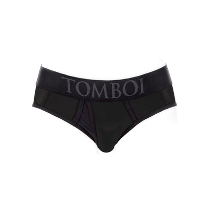 Black nylon brief style underwear harness with wide waistband and TOMBOI branding in size 2XL.