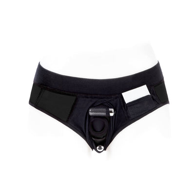 Black nylon brief-style underwear harness with adjustable straps and metal hardware on a white mannequin.