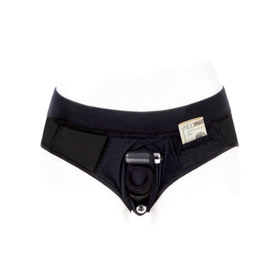 Black nylon brief style underwear harness with adjustable straps and a small pocket holding folded cash.
