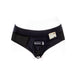 Black nylon brief style underwear harness with adjustable straps and a small pocket holding folded cash.