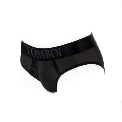 Black nylon brief style underwear harness with wide waistband and TOMBOI branding in size 2XL.