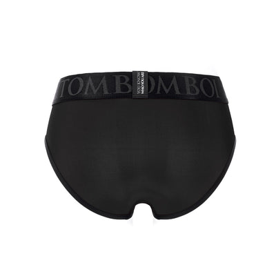 Back view of black SpareParts Tomboi Cover brief style nylon underwear harness with branded waistband in 2XL size.