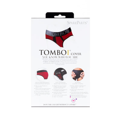 Packaging of SpareParts Tomboi Cover brief style underwear harness in black and red, highlighting features and design details.