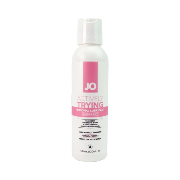 Bottle of JO Actively Trying water-based personal lubricant, 4 oz, designed without parabens and fertility friendly.