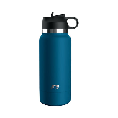Blue discreet water bottle stroker with black flip-top lid and finger ring handle detail.