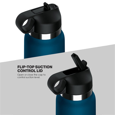 Blue discreet stroker bottle with black flip-top suction control lid and finger ring handle detail.
