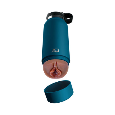 Discreet blue water bottle stroker with realistic sleeve and removable cap, designed for private use.
