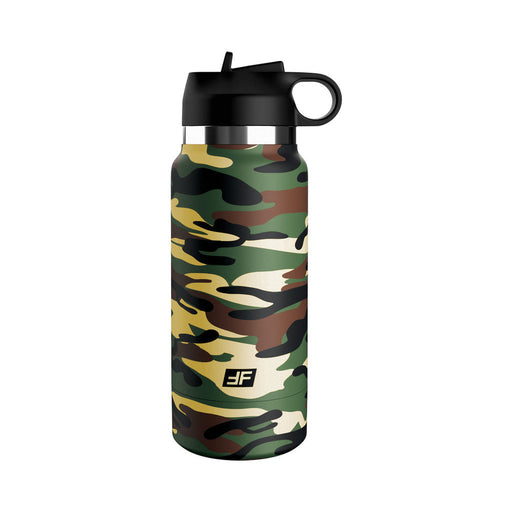 PDX Plus Fap Flask discreet stroker in camo pattern with black flip-top lid and finger ring handle.