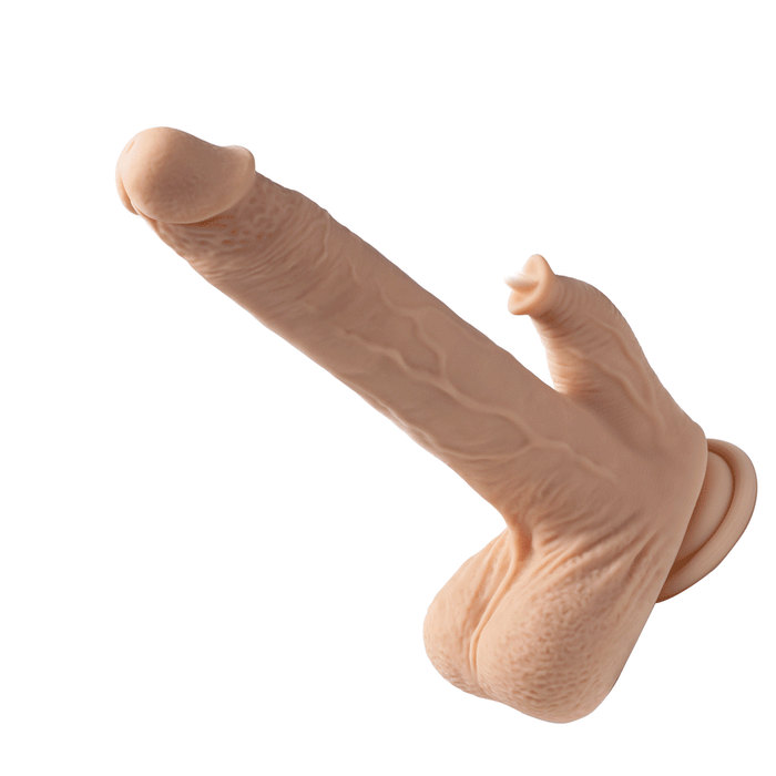 Ivory realistic 8.5-inch app-controlled thrusting dildo with vibrating clit licker and suction base.