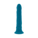 Teal silicone rechargeable vibrating dildo with suction cup base and realistic texture.