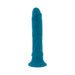 Teal silicone rechargeable vibrating dildo with suction cup base and realistic texture.