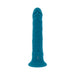 Teal silicone rechargeable vibrating dildo with suction cup base and textured shaft.