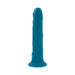 Teal silicone rechargeable vibrating dildo with realistic texture and suction cup base standing upright on white background.