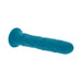 Teal silicone rechargeable vibrating dildo with realistic texture and suction cup base isolated on white background.