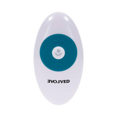 White oval remote control with teal circular buttons and Evolved logo for Tsunami vibrator