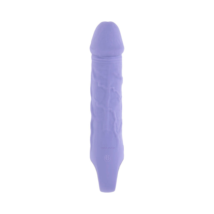 Purple silicone rechargeable vibrator with realistic texture and ergonomic handle on white background.