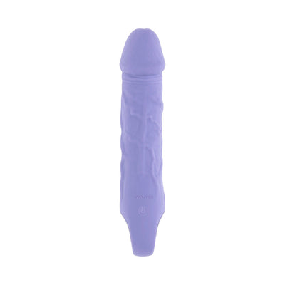 Purple silicone rechargeable vibrator with realistic texture and ergonomic handle on white background.