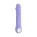 Purple silicone rechargeable vibrator with textured shaft and chrome ring handle on white background